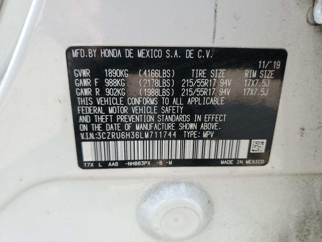 2020 Honda Hr-V Lx VIN: 3CZRU6H36LM711744 Lot: 80844145