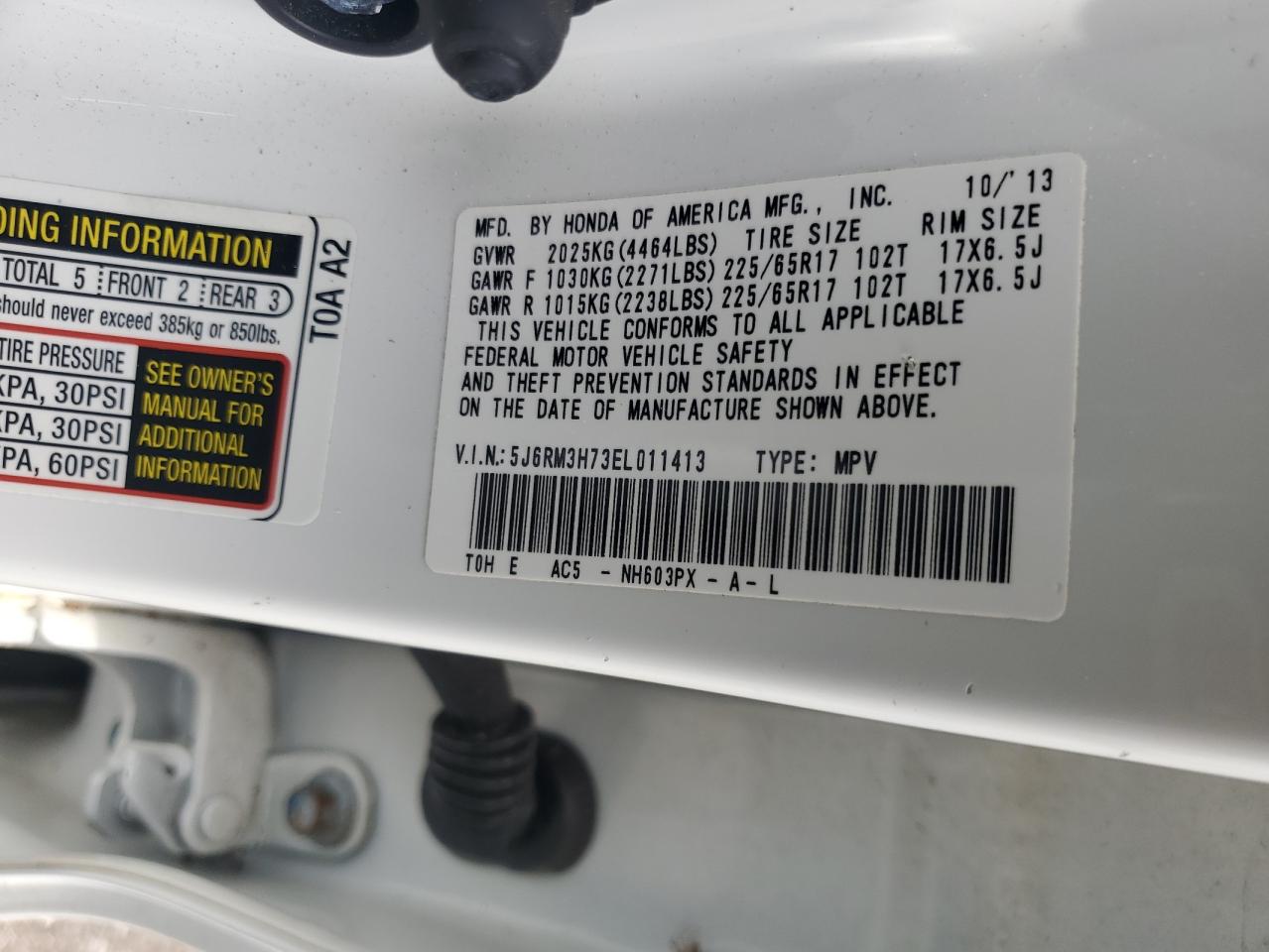 2014 Honda Cr-V Exl VIN: 5J6RM3H73EL011413 Lot: 83938095