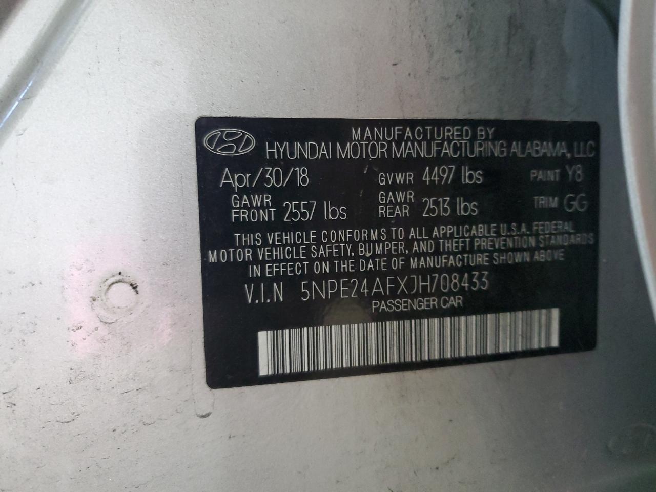 2018 Hyundai Sonata Se VIN: 5NPE24AFXJH708433 Lot: 71178835