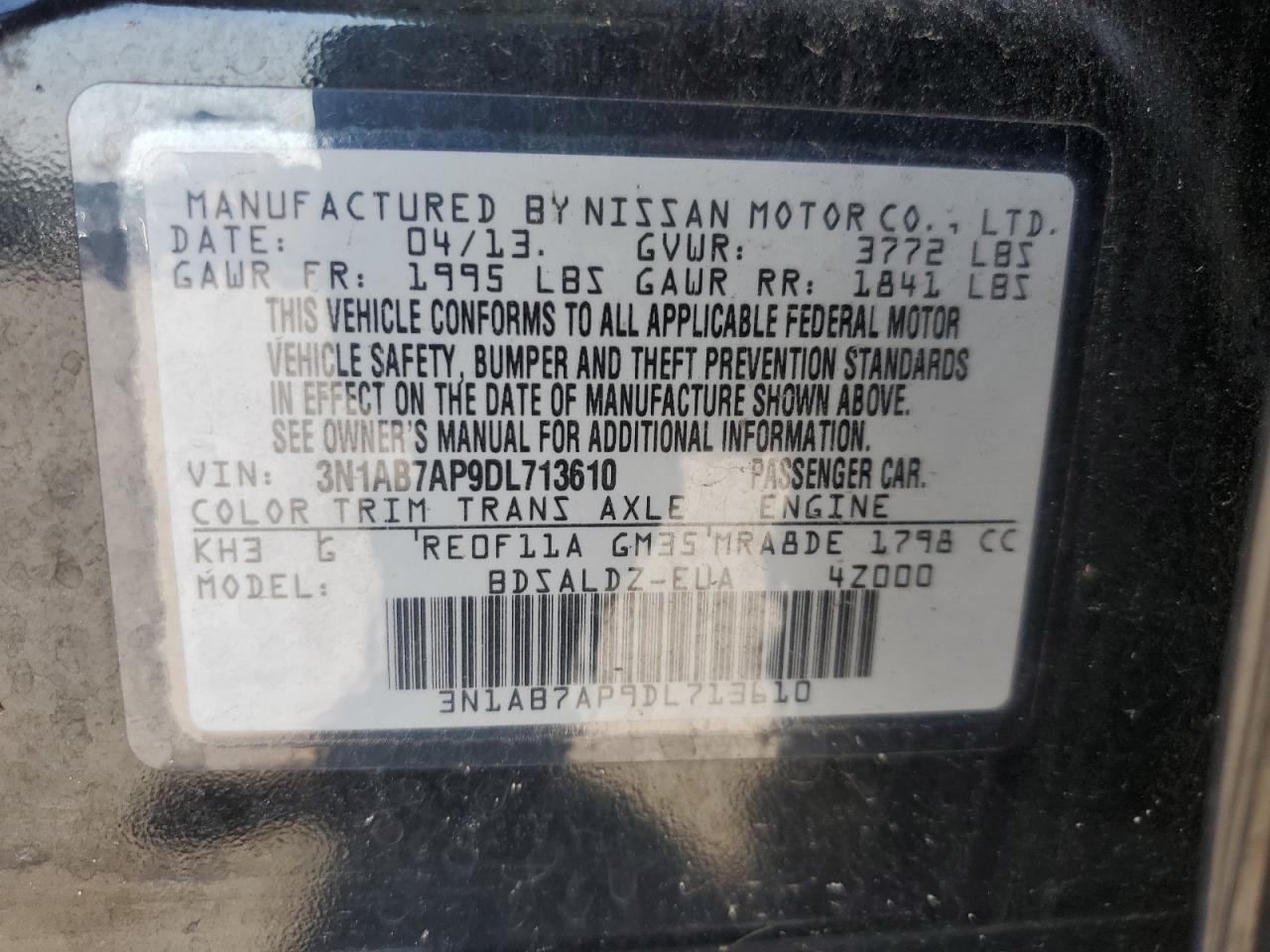 2013 Nissan Sentra S VIN: 3N1AB7AP9DL713610 Lot: 80376035