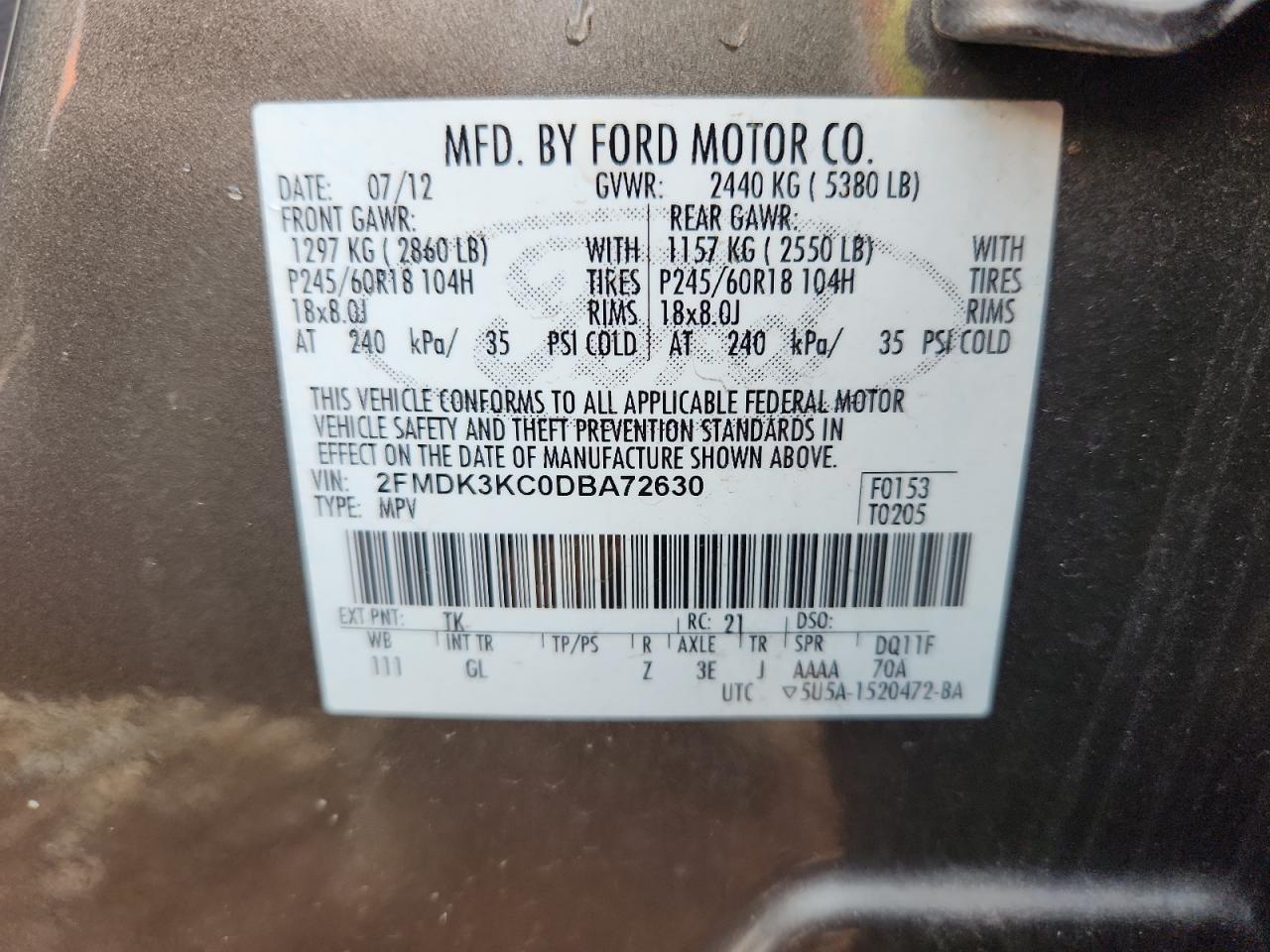 2013 Ford Edge Limited VIN: 2FMDK3KC0DBA72630 Lot: 84383935