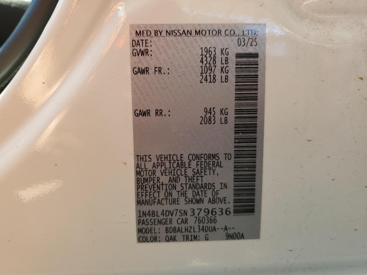 2025 Nissan Altima Sv VIN: 1N4BL4DV7SN379636 Lot: 84040015