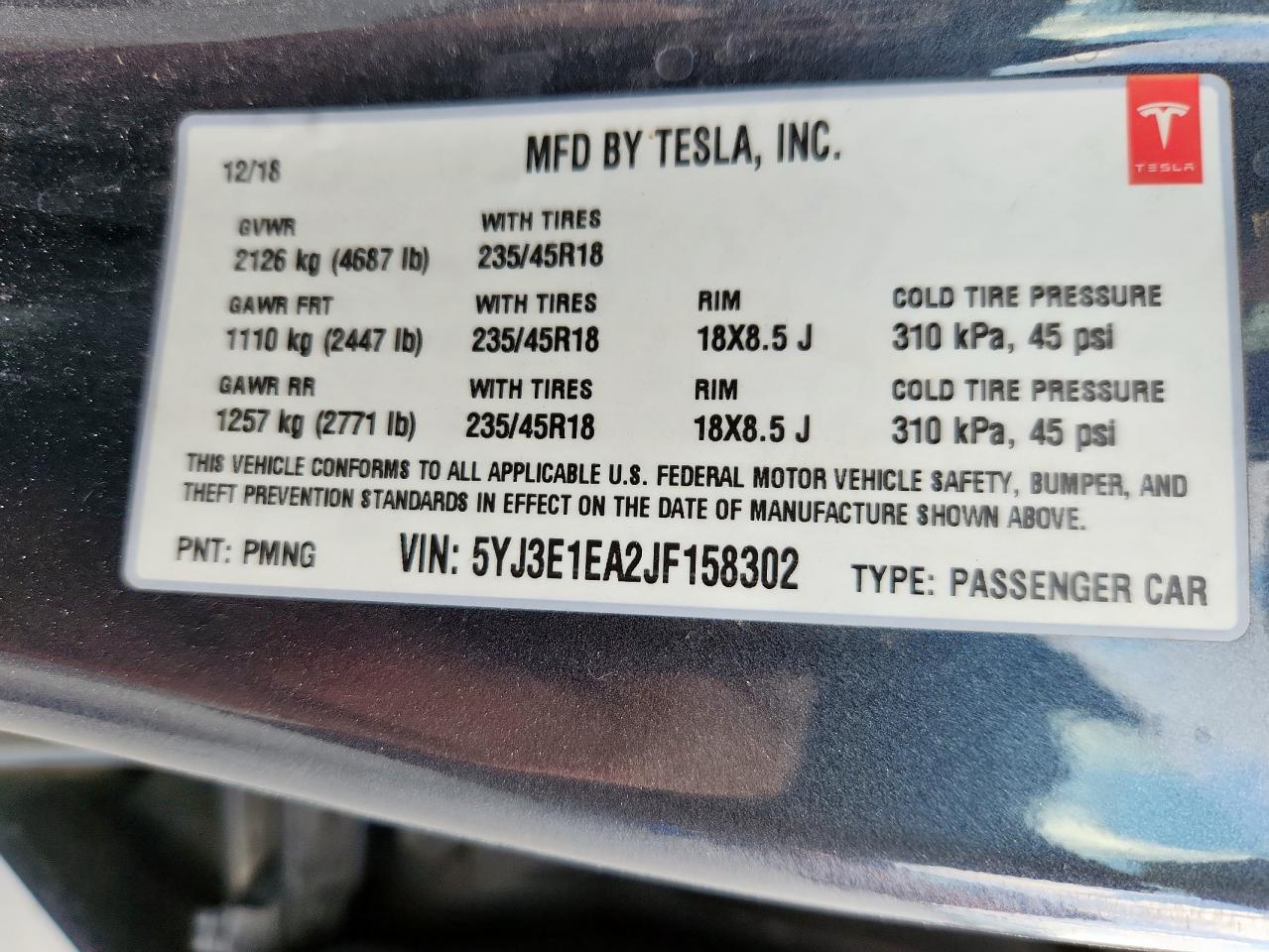 2018 Tesla Model 3 VIN: 5YJ3E1EA2JF158302 Lot: 80661465