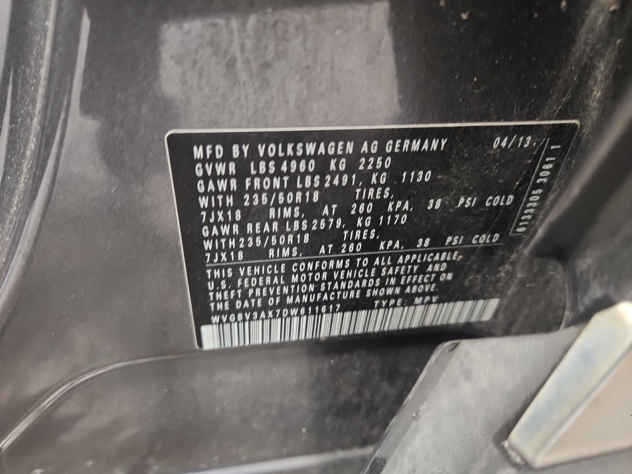 2013 Volkswagen Tiguan S VIN: WVGBV3AX7DW611617 Lot: 84189985