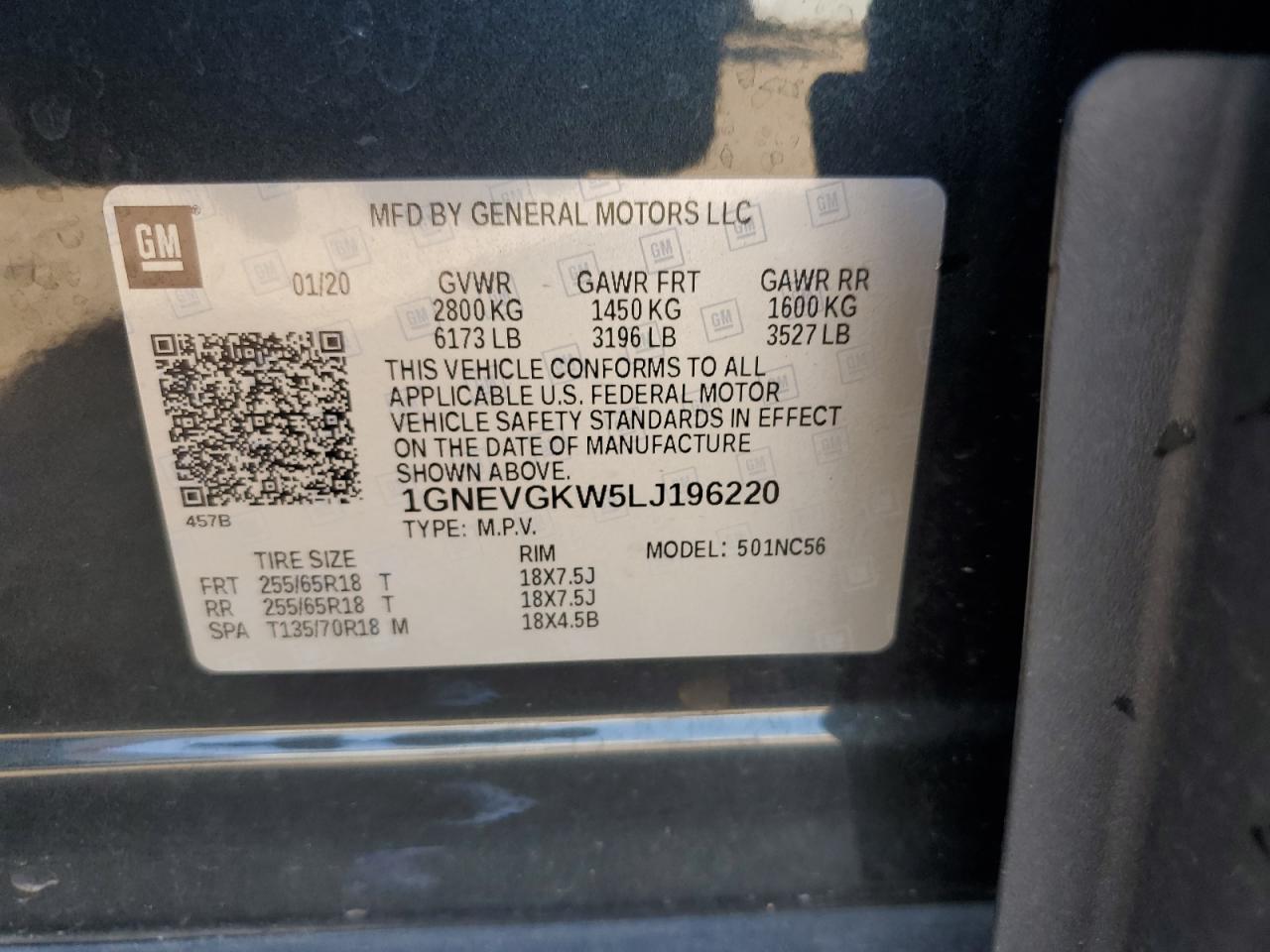 2020 Chevrolet Traverse Lt VIN: 1GNEVGKW5LJ196220 Lot: 84545485