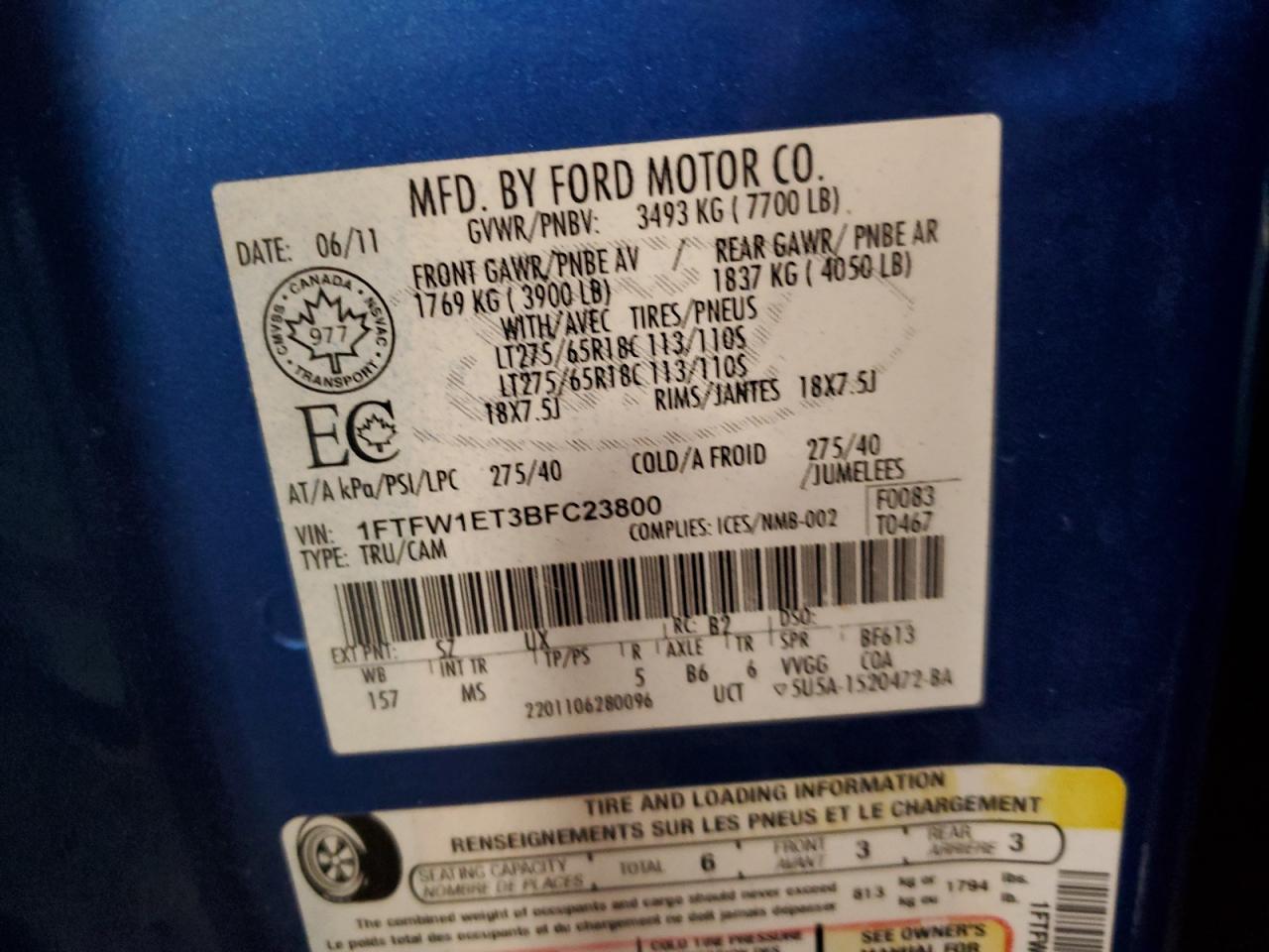 2011 Ford F150 Supercrew VIN: 1FTFW1ET3BFC23800 Lot: 80131465