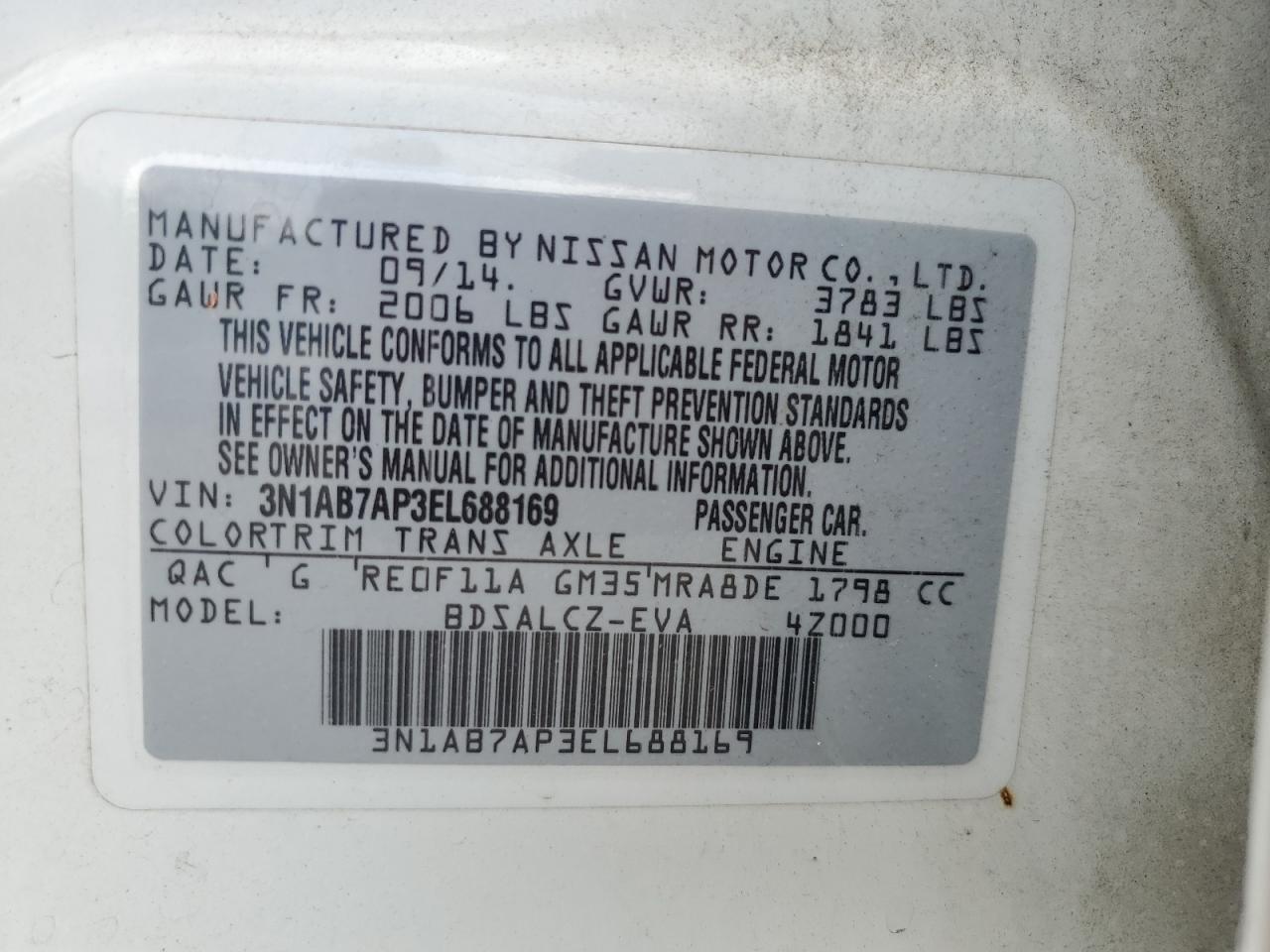 2014 Nissan Sentra S VIN: 3N1AB7AP3EL688169 Lot: 71015795