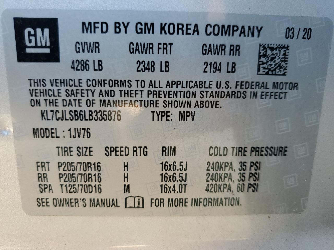 2020 Chevrolet Trax 1Lt VIN: KL7CJLSB6LB335876 Lot: 80655785