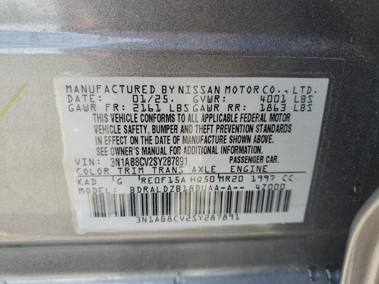 2025 Nissan Sentra Sv VIN: 3N1AB8CV2SY287891 Lot: 80502595