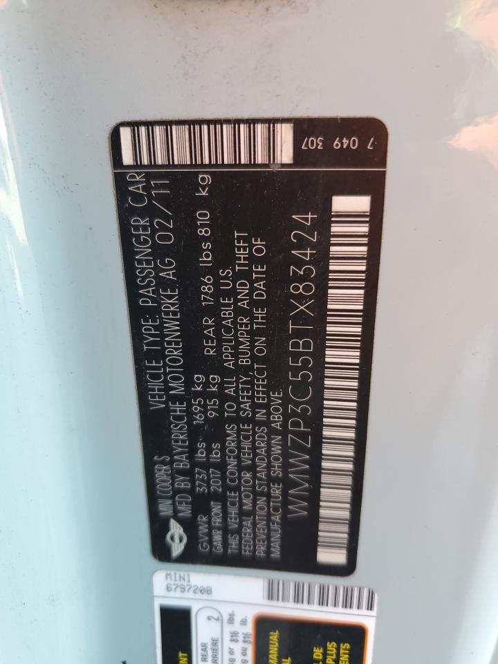 2011 Mini Cooper S VIN: WMWZP3C55BTX83424 Lot: 71659535