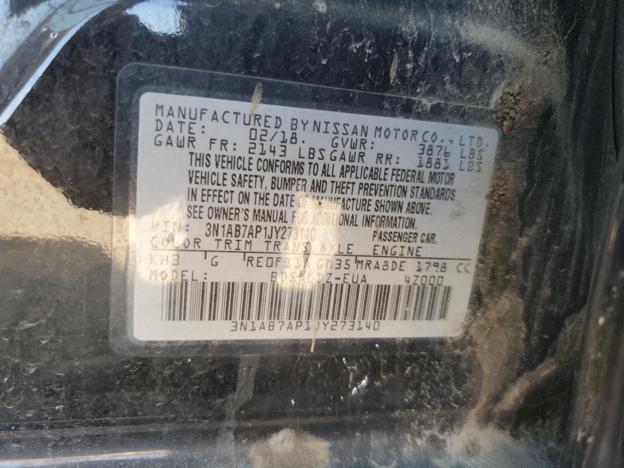 2018 Nissan Sentra S VIN: 3N1AB7AP1JY273140 Lot: 81031375