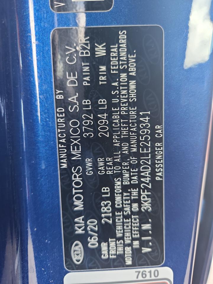 2020 Kia Forte Fe VIN: 3KPF24AD2LE259341 Lot: 83970595