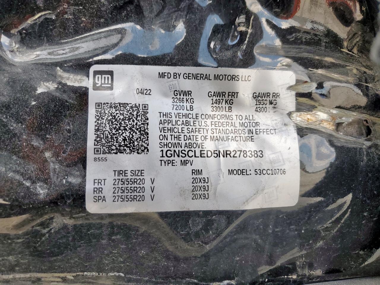 2022 Chevrolet Tahoe C1500 VIN: 1GNSCLED5NR278383 Lot: 80242585