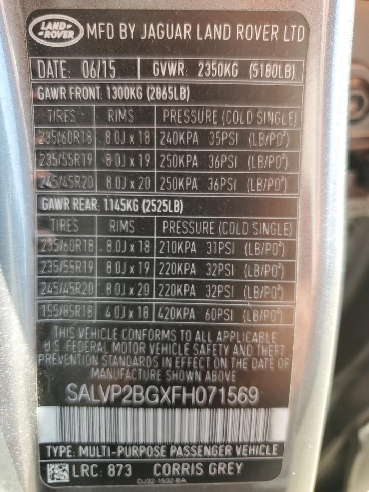 2015 Land Rover Range Rover Evoque Pure Plus VIN: SALVP2BGXFH071569 Lot: 80432685