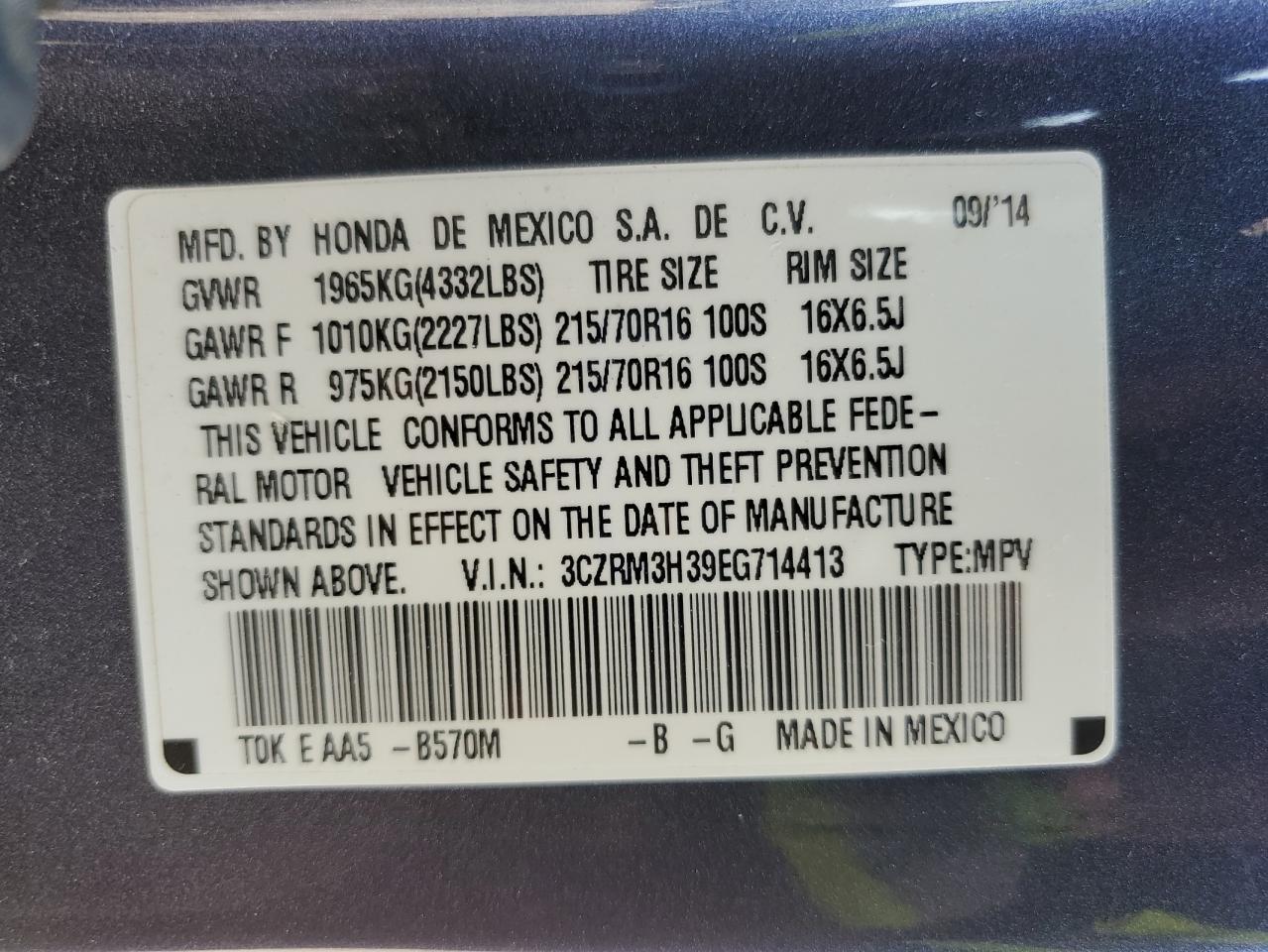 2014 Honda Cr-V Lx VIN: 3CZRM3H39EG714413 Lot: 81047655