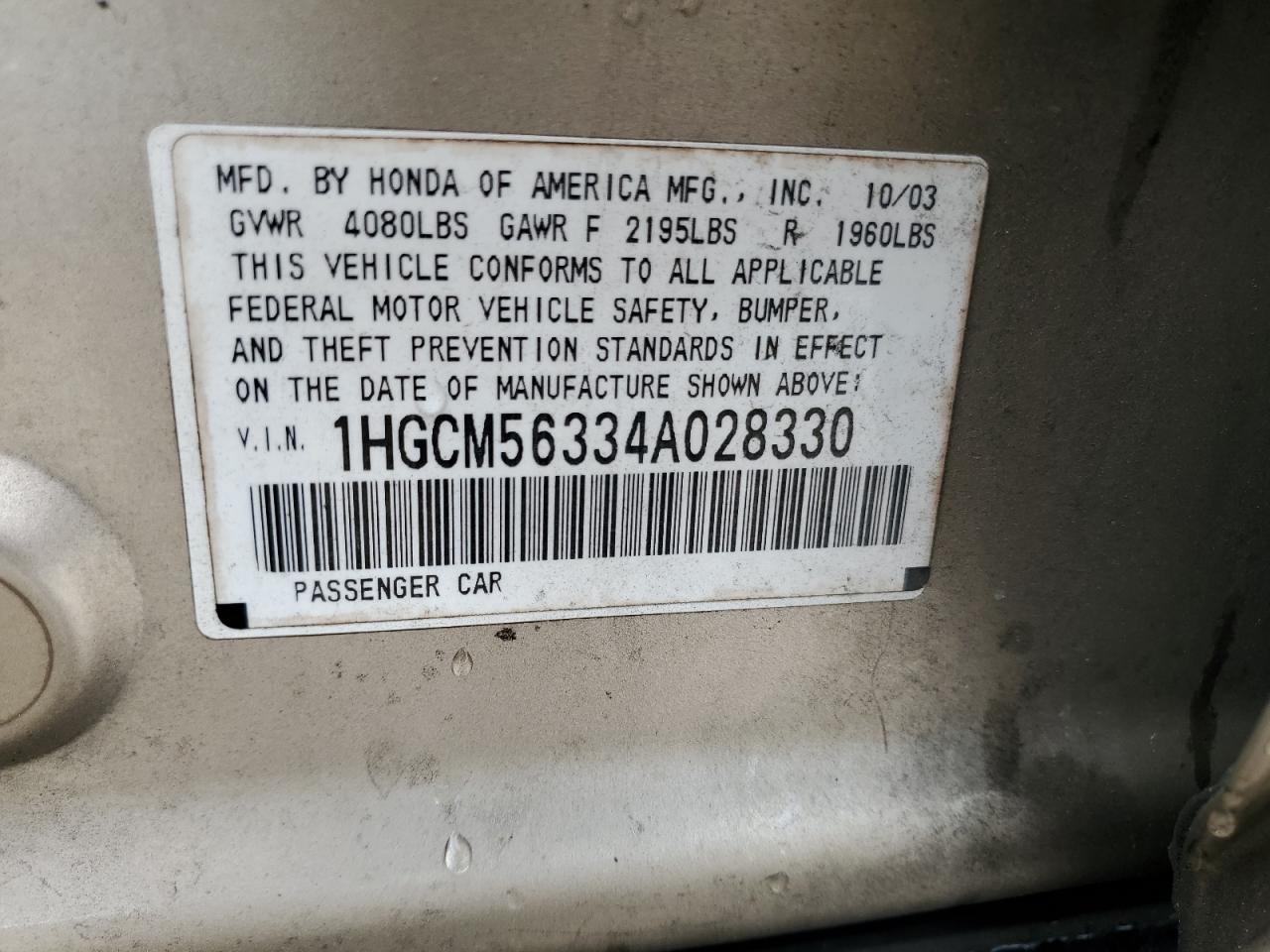 2004 Honda Accord Lx VIN: 1HGCM56334A028330 Lot: 81842165