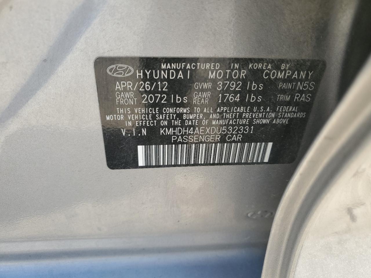 2013 Hyundai Elantra Gls VIN: KMHDH4AEXDU532331 Lot: 72098265