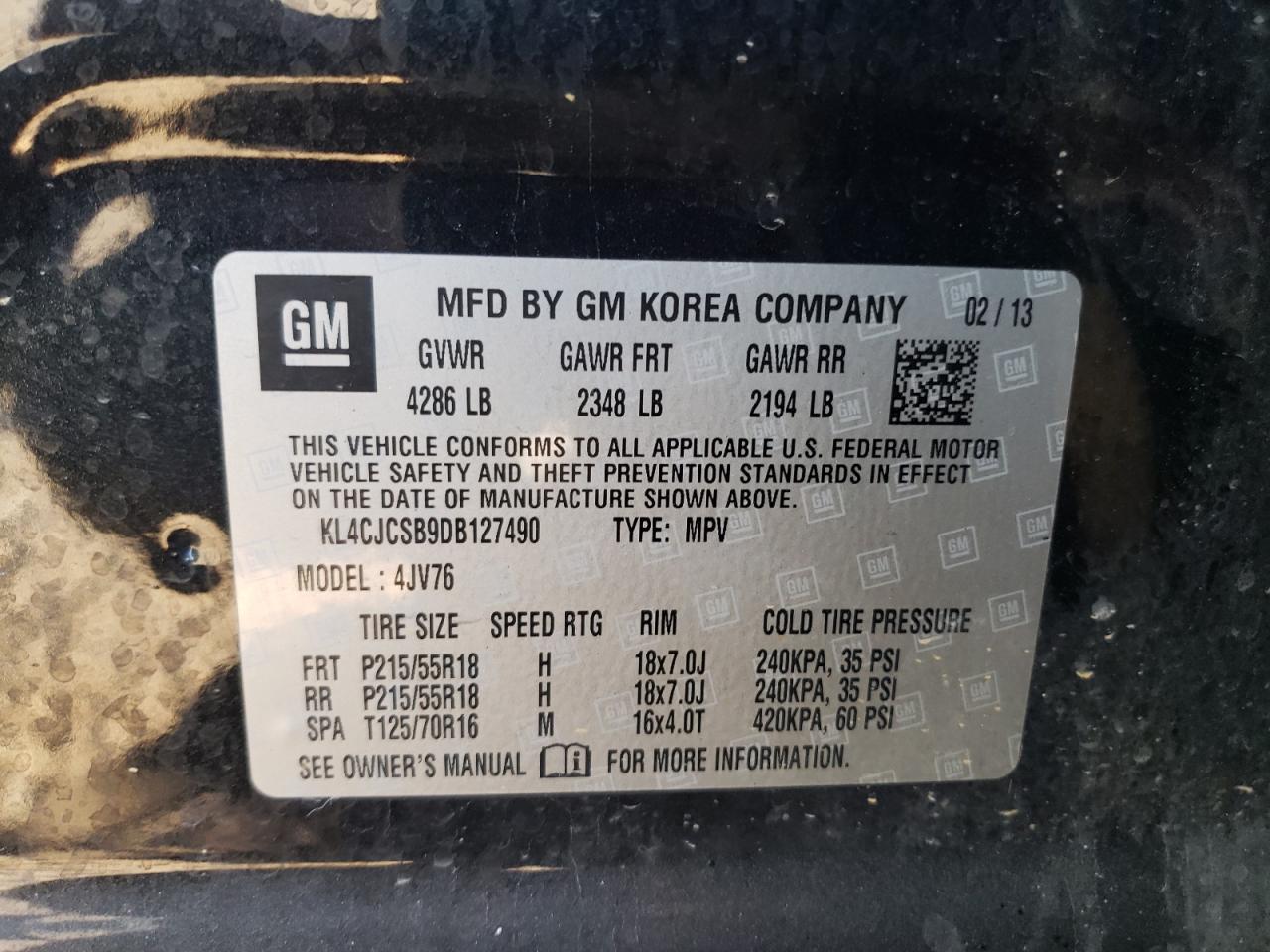 2013 Buick Encore VIN: KL4CJCSB9DB127490 Lot: 71918305