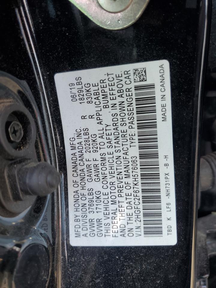 2019 Honda Civic Lx VIN: 2HGFC2F67KH576063 Lot: 80275605