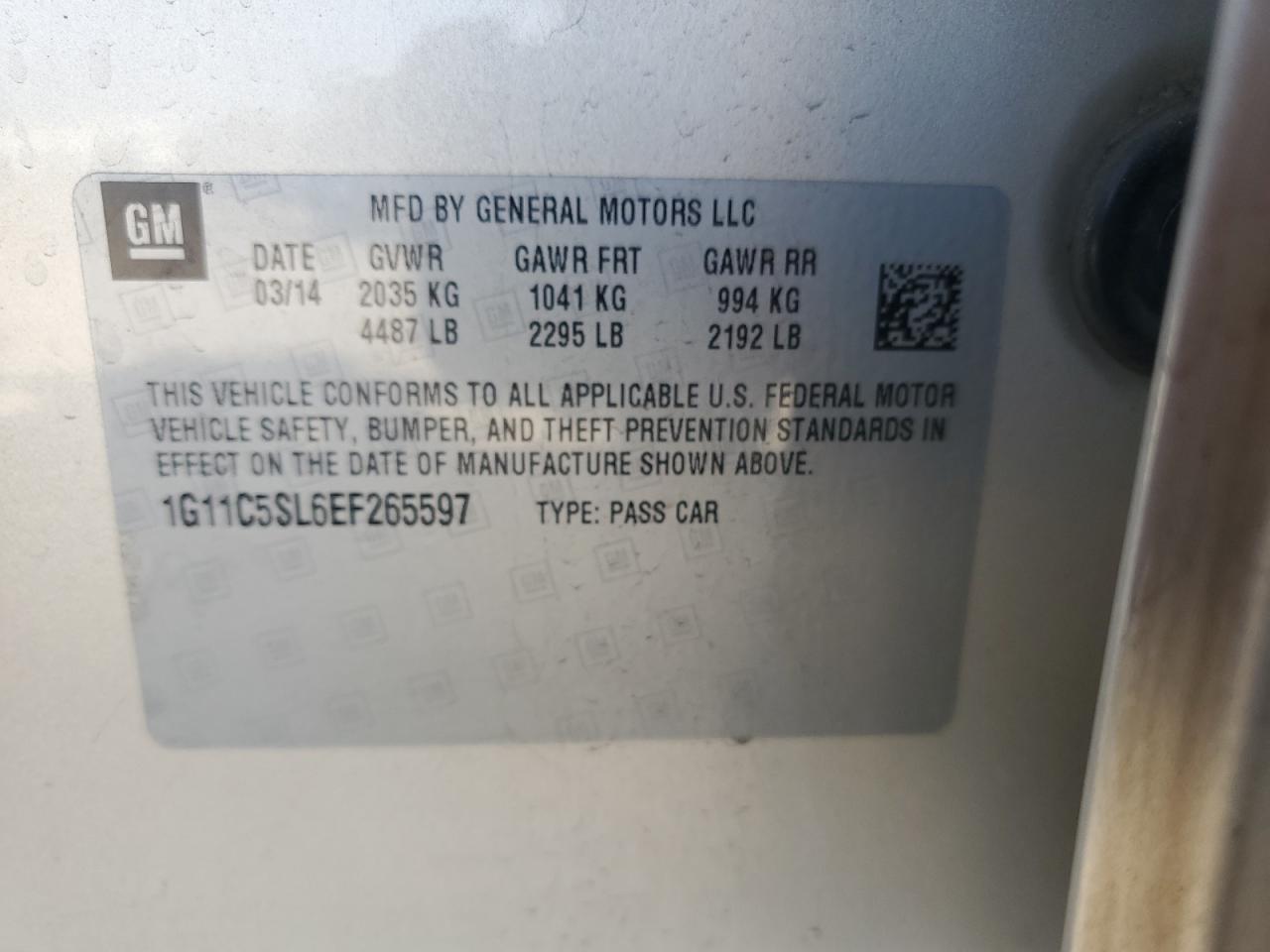 2014 Chevrolet Malibu 1Lt VIN: 1G11C5SL6EF265597 Lot: 80526945