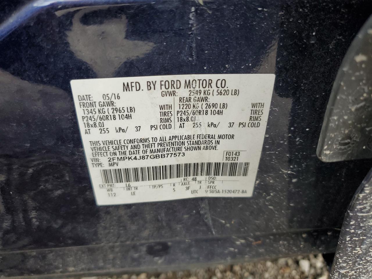 2016 Ford Edge Sel VIN: 2FMPK4J87GBB77573 Lot: 81236355