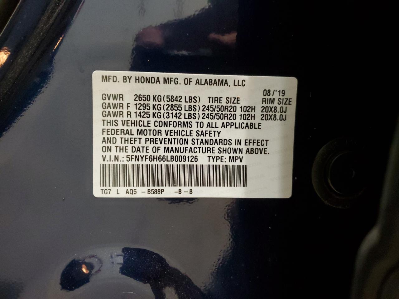 2020 Honda Pilot Touring VIN: 5FNYF6H66LB009126 Lot: 82150195