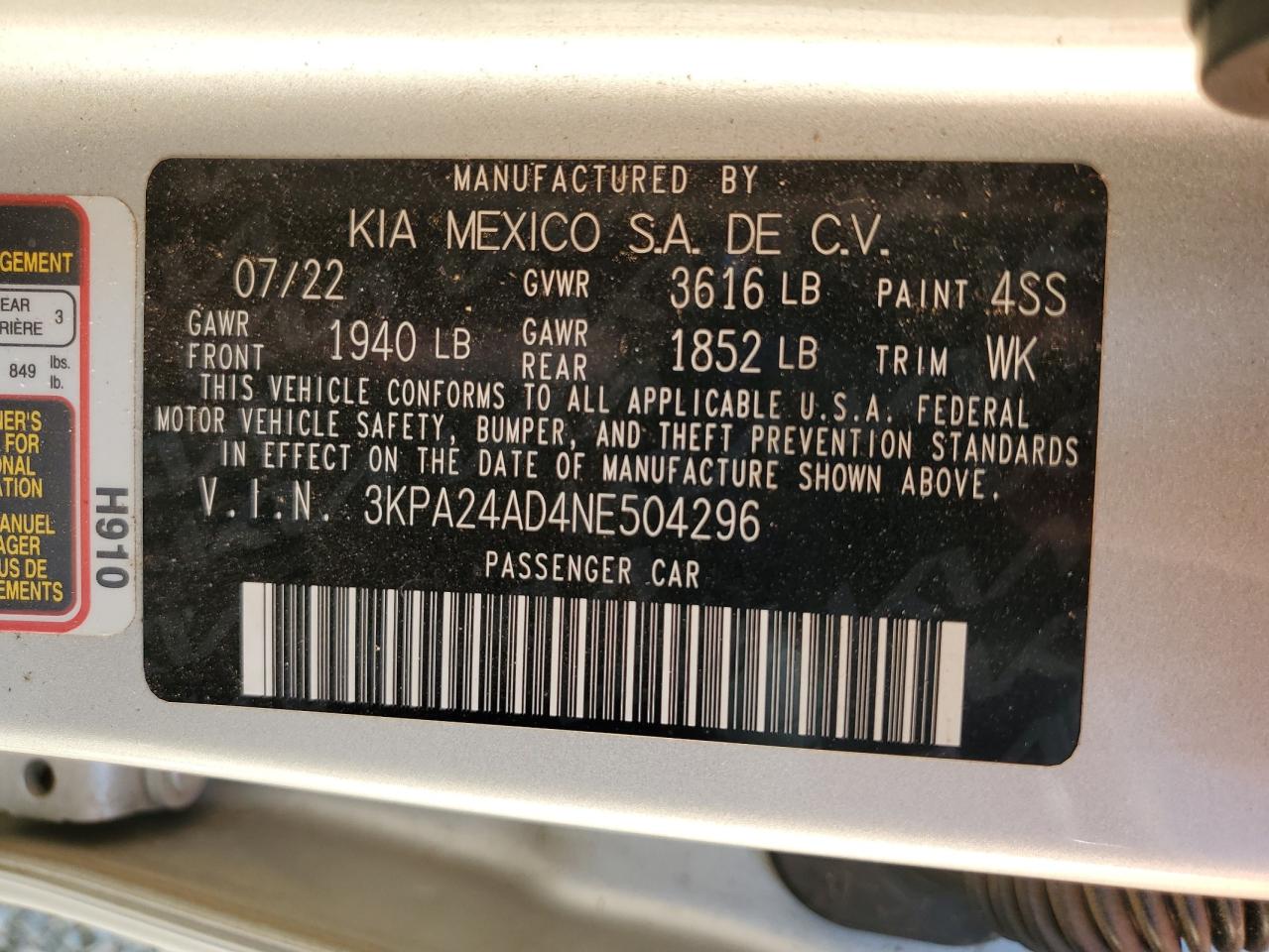 2022 Kia Rio Lx VIN: 3KPA24AD4NE504296 Lot: 80728645