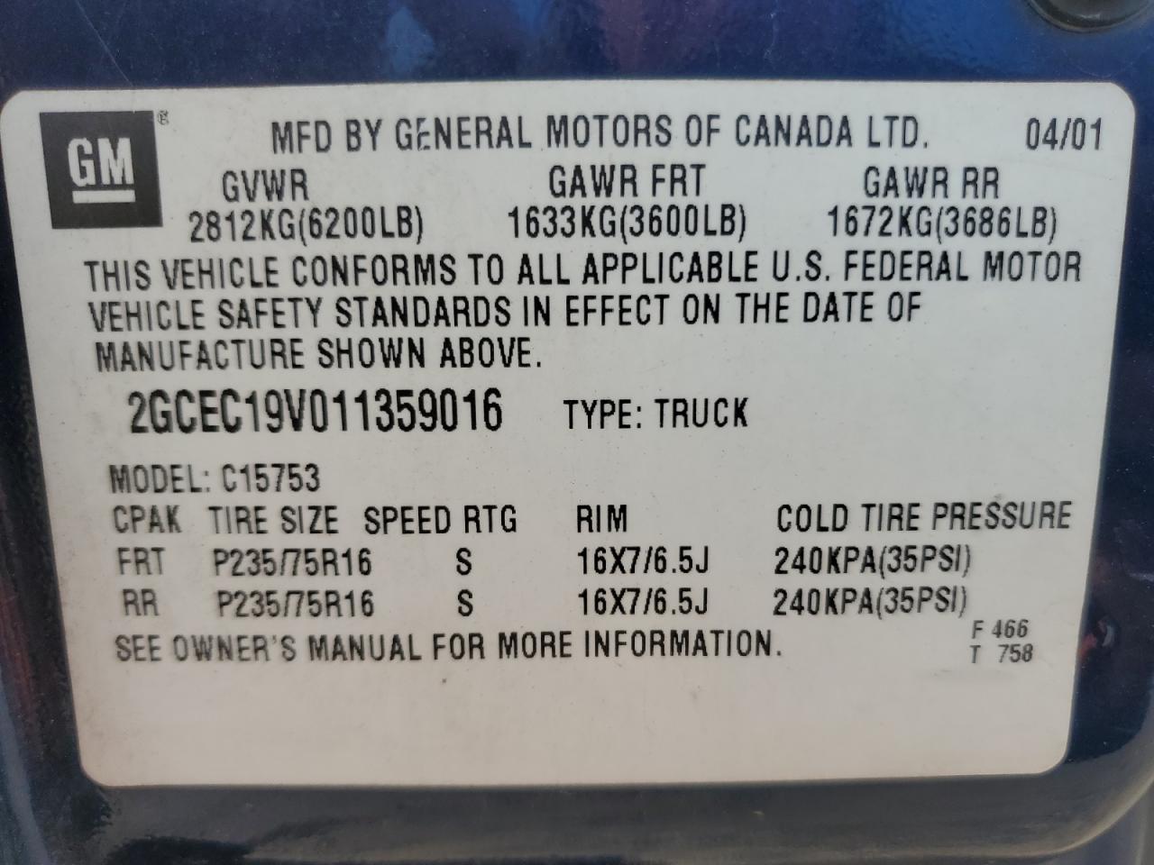 2001 Chevrolet Silverado C1500 VIN: 2GCEC19V011359016 Lot: 71524915