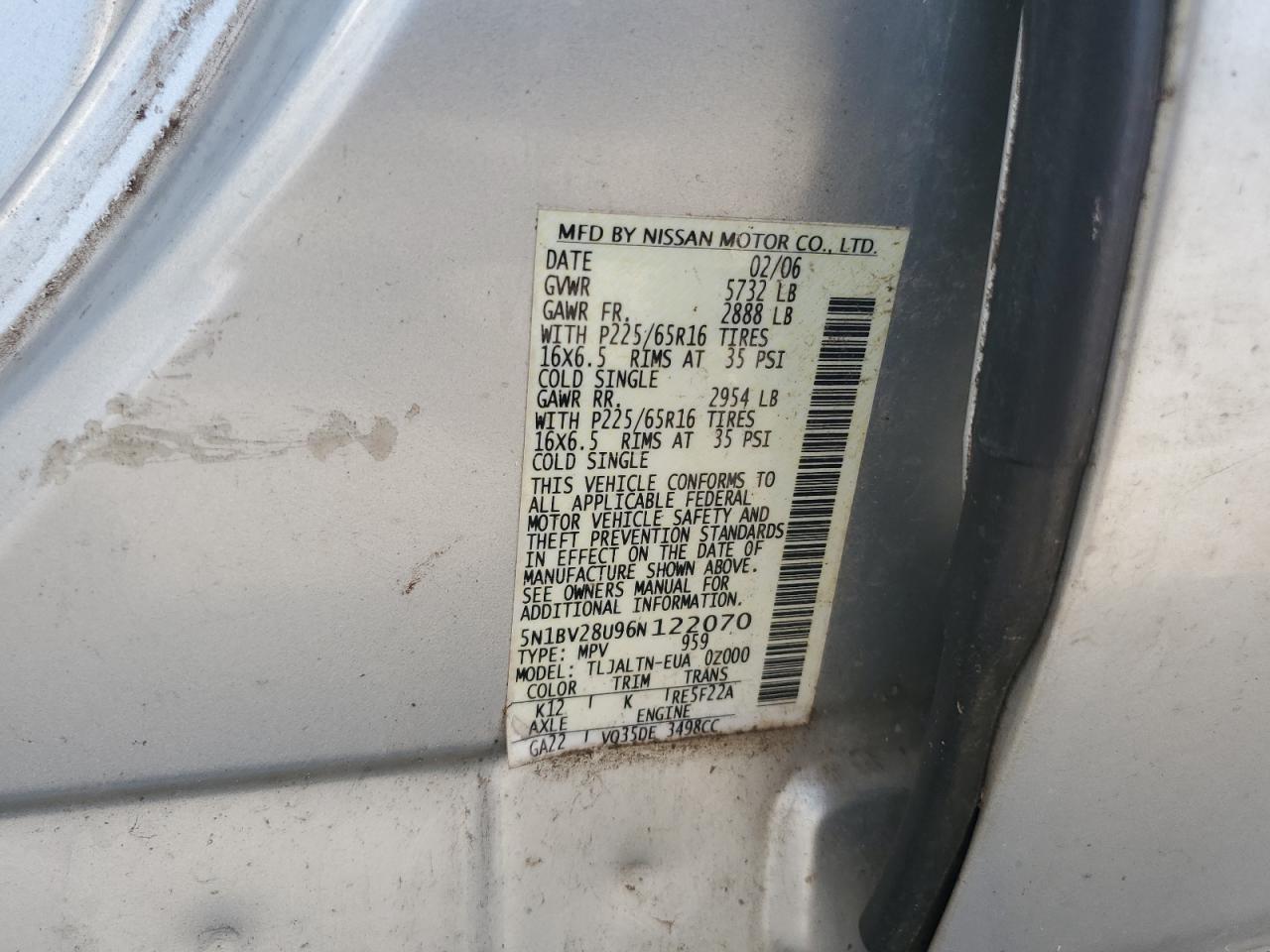 2006 Nissan Quest S VIN: 5N1BV28U96N122070 Lot: 80458405