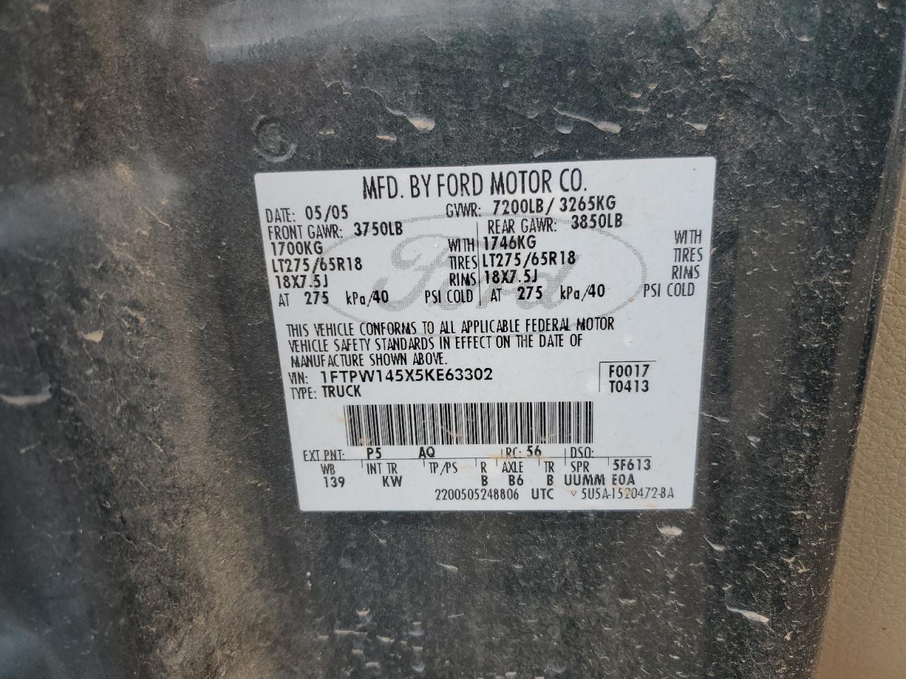 2005 Ford F150 Supercrew VIN: 1FTPW145X5KE63302 Lot: 84468685