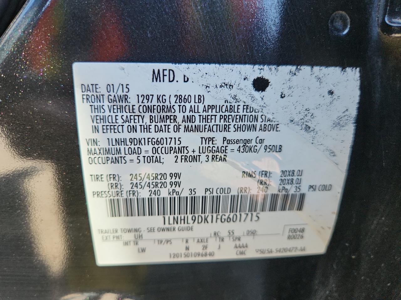 2015 Lincoln Mks VIN: 1LNHL9DK1FG601715 Lot: 81043575