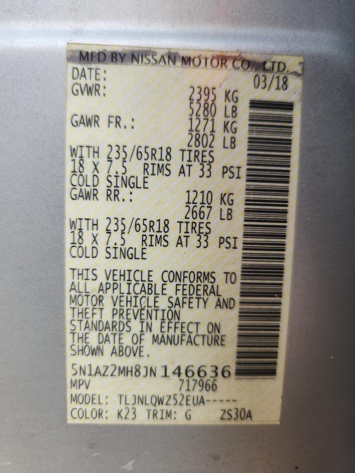 2018 Nissan Murano S VIN: 5N1AZ2MH8JN146636 Lot: 71524225