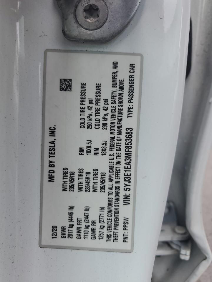 2021 Tesla Model 3 VIN: 5YJ3E1EA3MF853683 Lot: 80614615