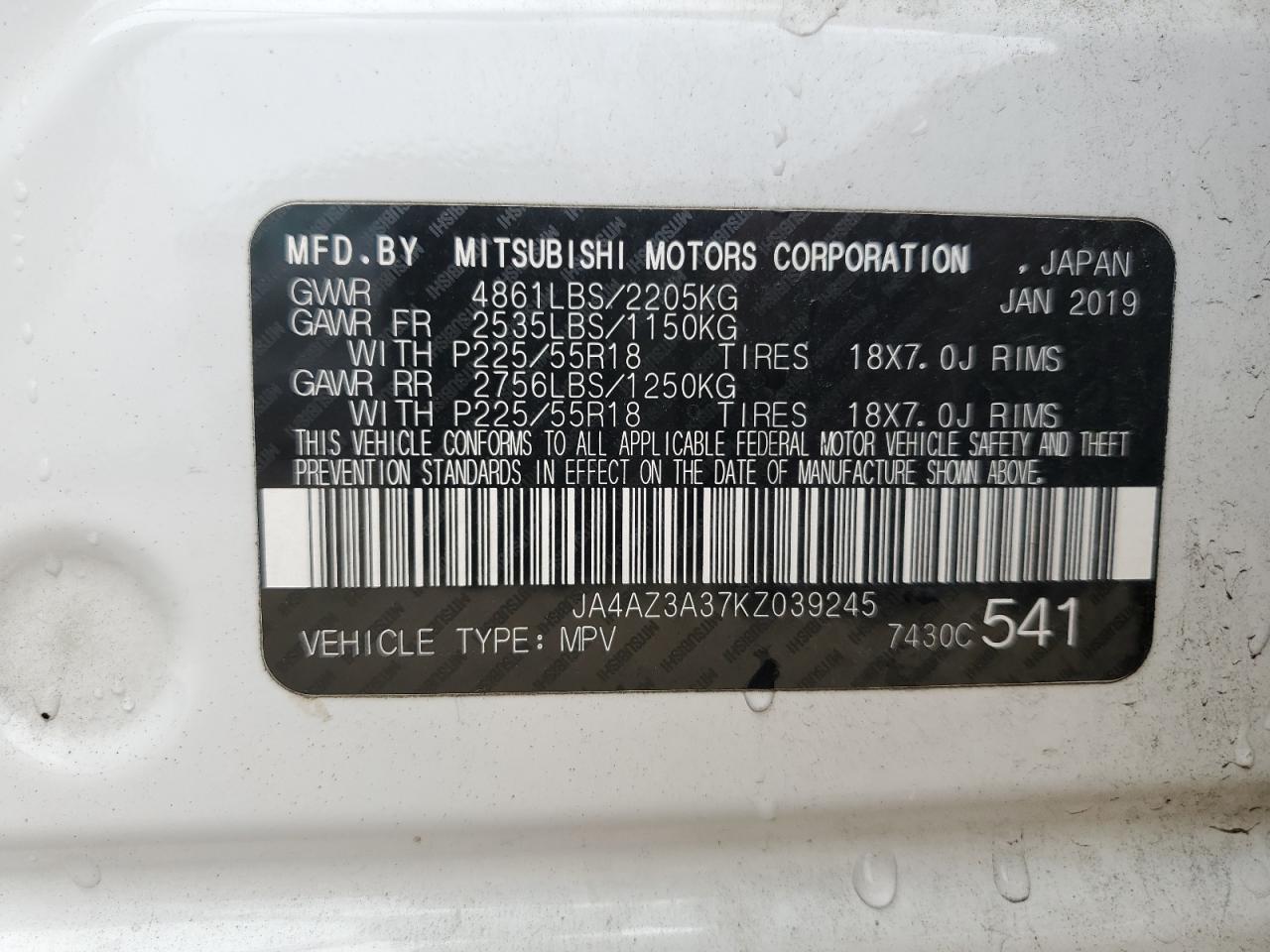 2019 Mitsubishi Outlander Se VIN: JA4AZ3A37KZ039245 Lot: 70945995