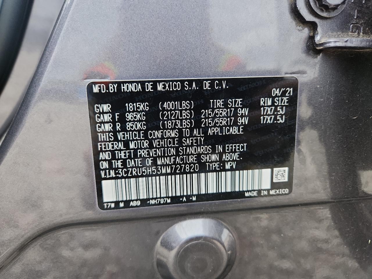 2021 Honda Hr-V Ex VIN: 3CZRU5H53MM727820 Lot: 84468695