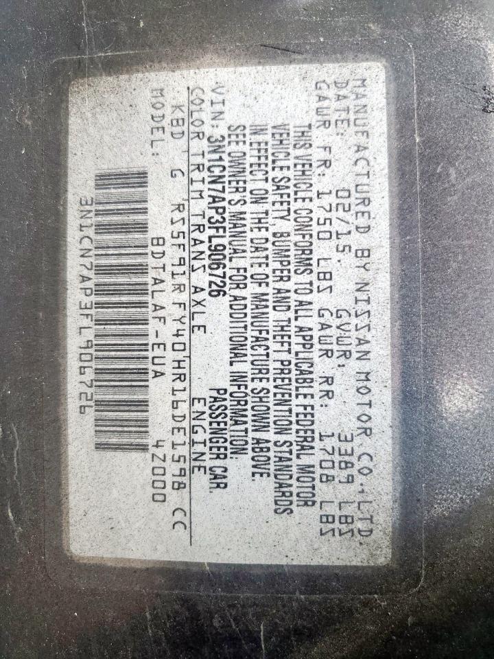 2015 Nissan Versa S VIN: 3N1CN7AP3FL906726 Lot: 81377565