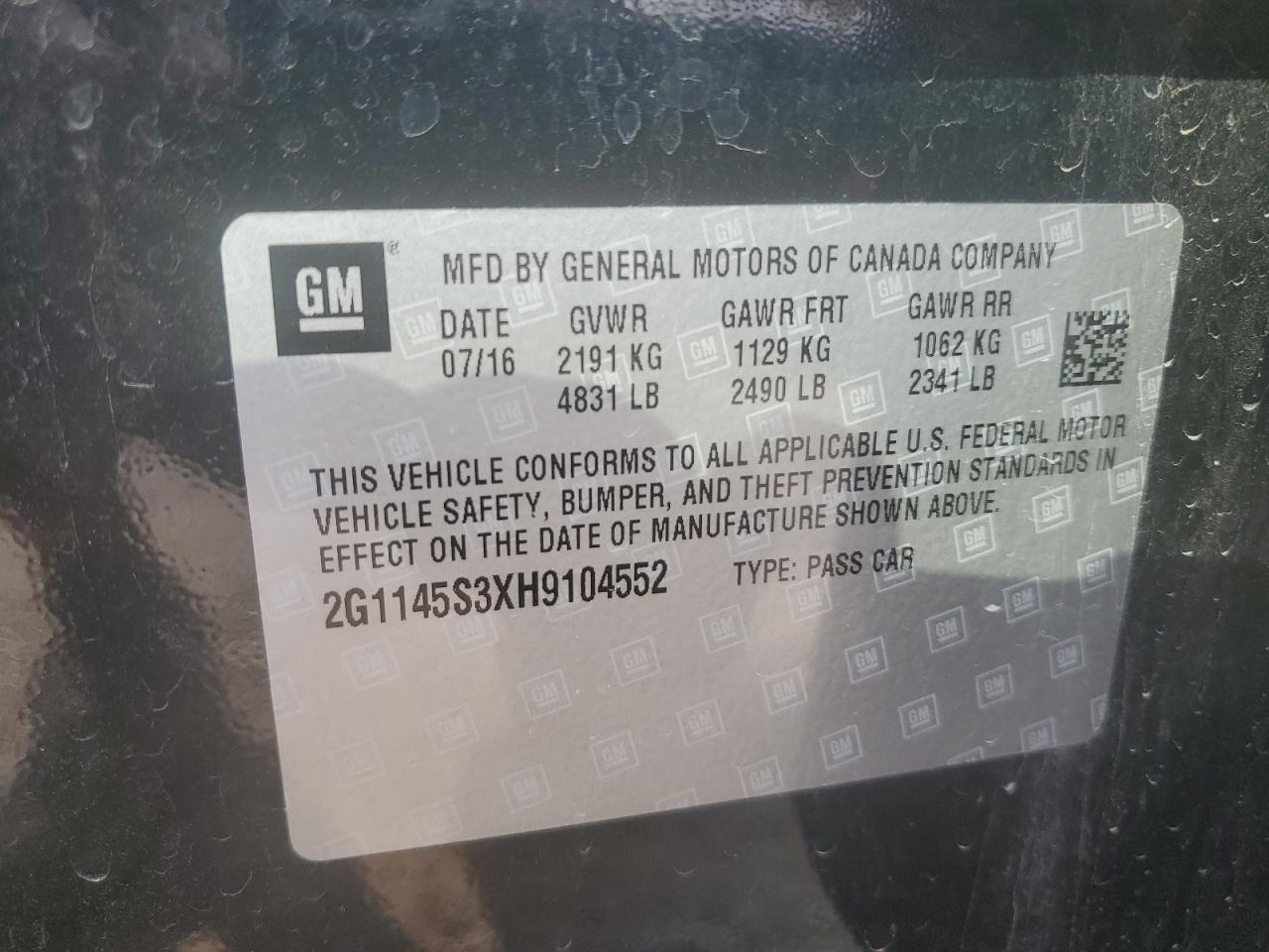 2017 Chevrolet Impala Premier VIN: 2G1145S3XH9104552 Lot: 71281205