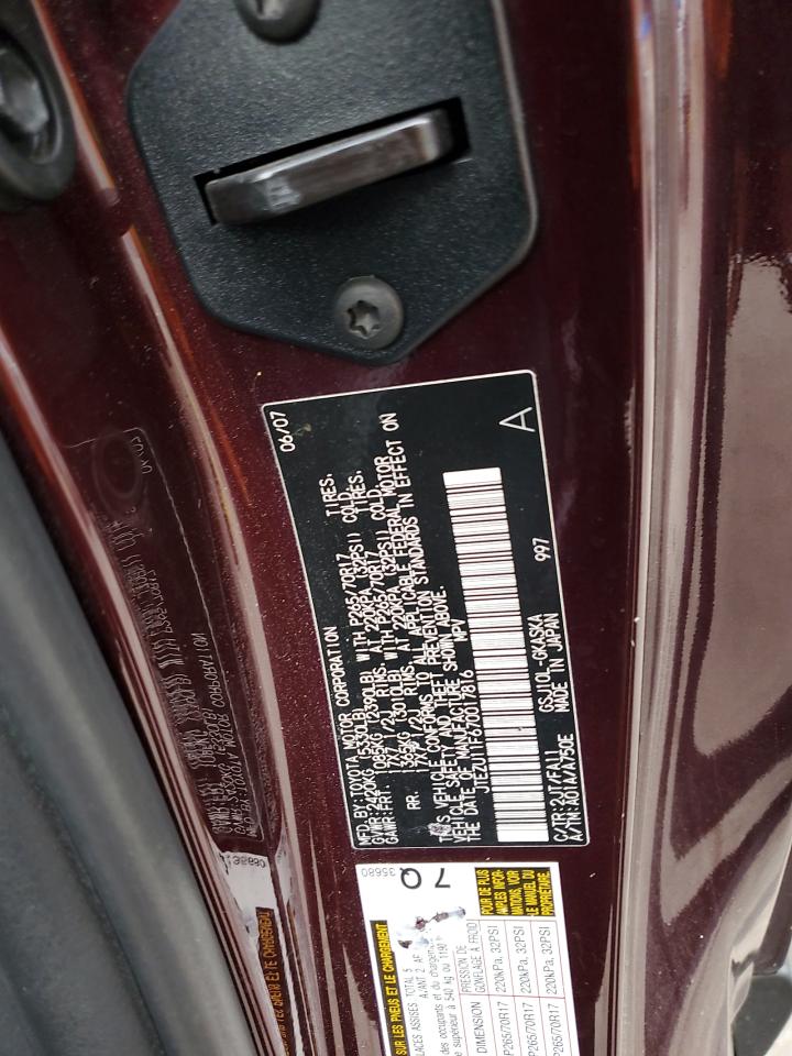 2007 Toyota Fj Cruiser VIN: JTEZU11F670017816 Lot: 71396135