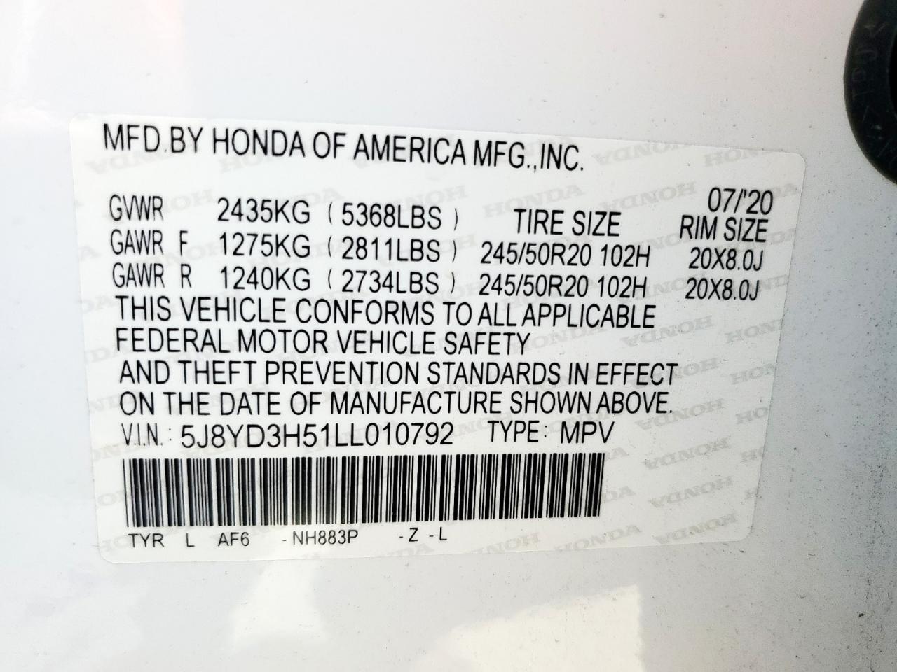 2020 Acura Mdx Technology VIN: 5J8YD3H51LL010792 Lot: 80029035