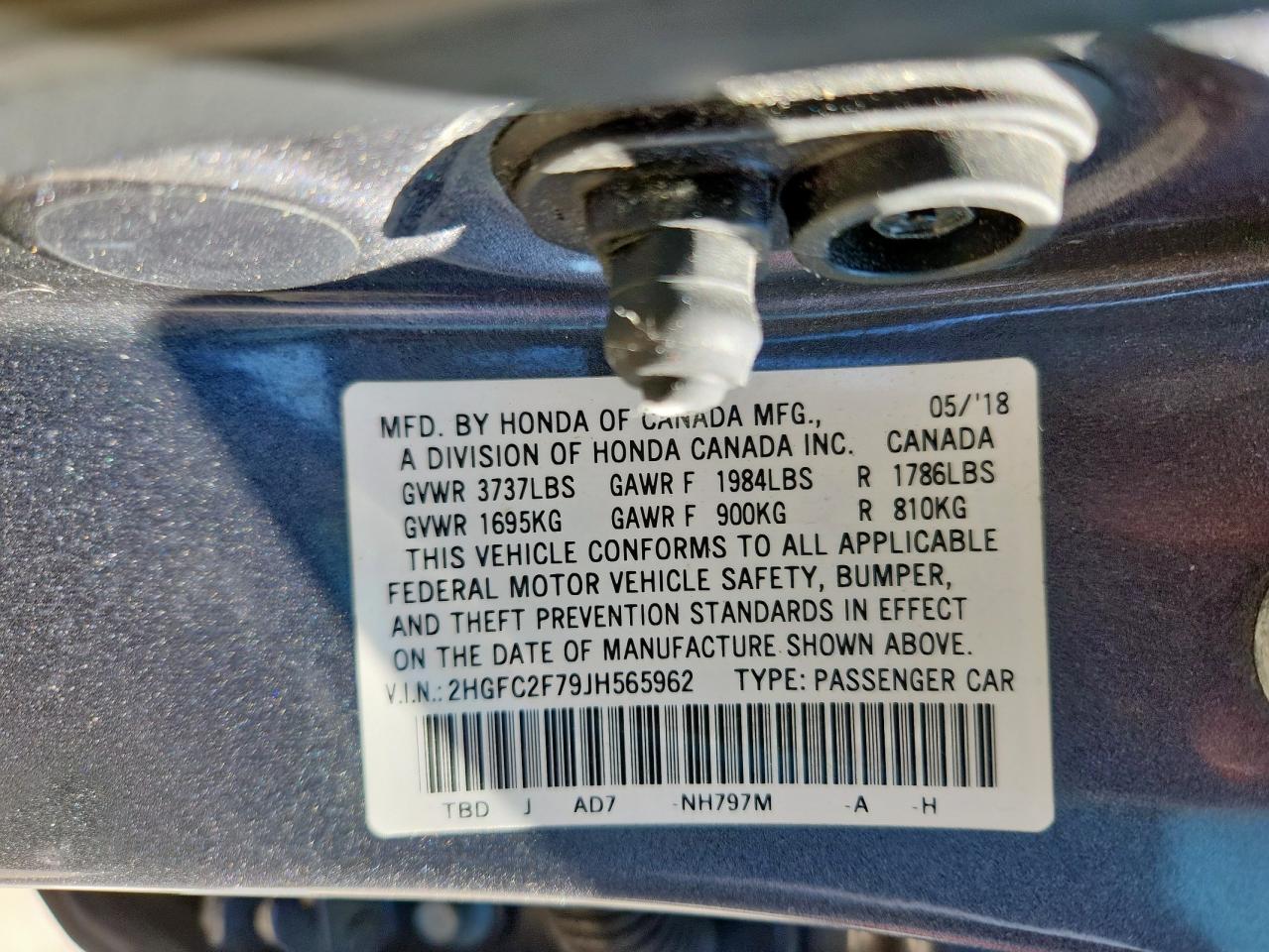 2018 Honda Civic Ex VIN: 2HGFC2F79JH565962 Lot: 71372085