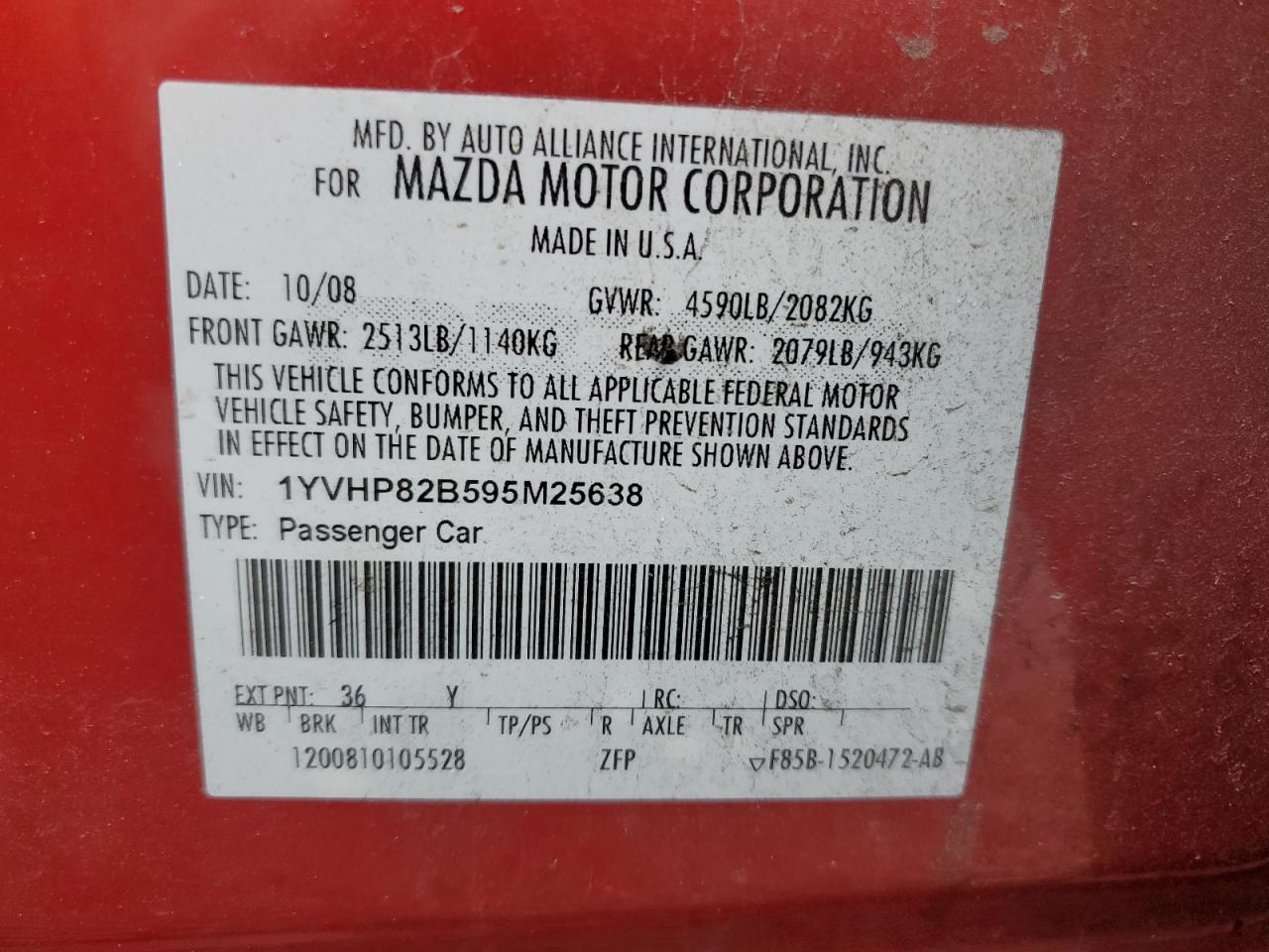 2009 Mazda 6 S VIN: 1YVHP82B595M25638 Lot: 81802765