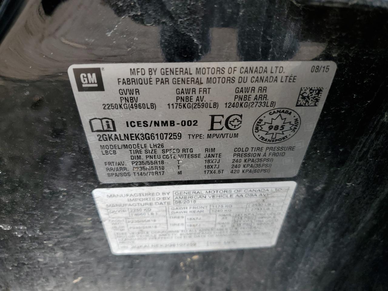 2016 GMC Terrain Sle VIN: 2GKALNEK3G6107259 Lot: 71412965