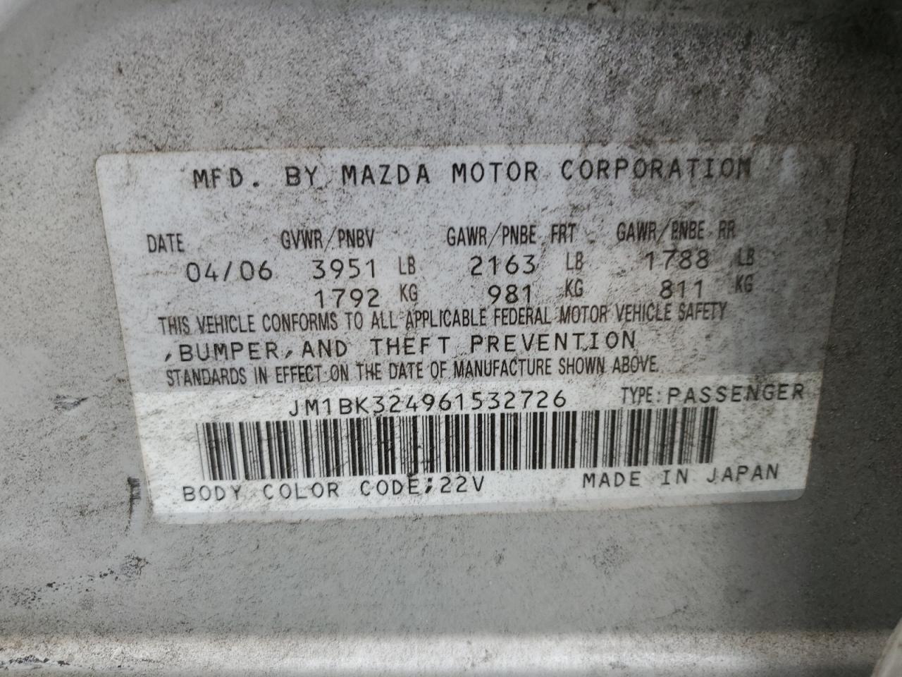 2006 Mazda 3 S VIN: JM1BK324961532726 Lot: 84866005