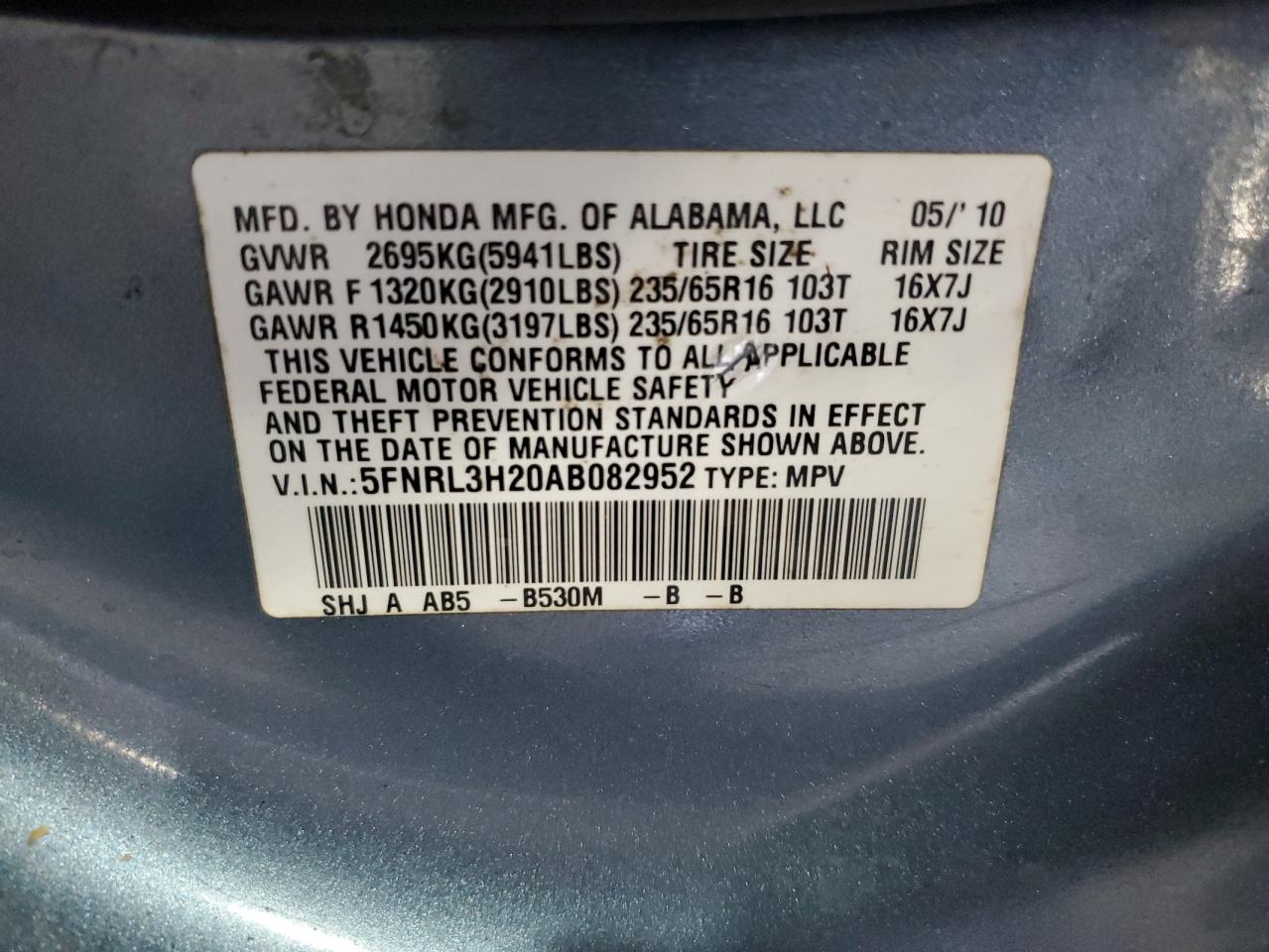 2010 Honda Odyssey Lx VIN: 5FNRL3H20AB082952 Lot: 81868685