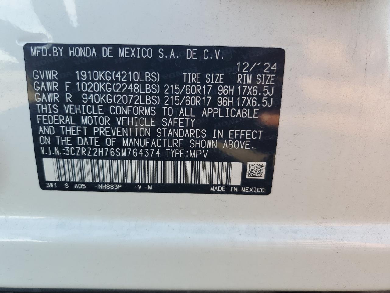 2025 Honda Hr-V Exl VIN: 3CZRZ2H76SM764374 Lot: 81844555