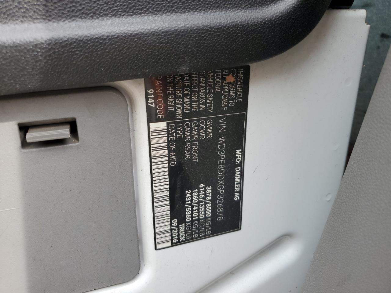 2016 Mercedes-Benz Sprinter 2500 VIN: WD3PE8DDXGP326878 Lot: 84729275