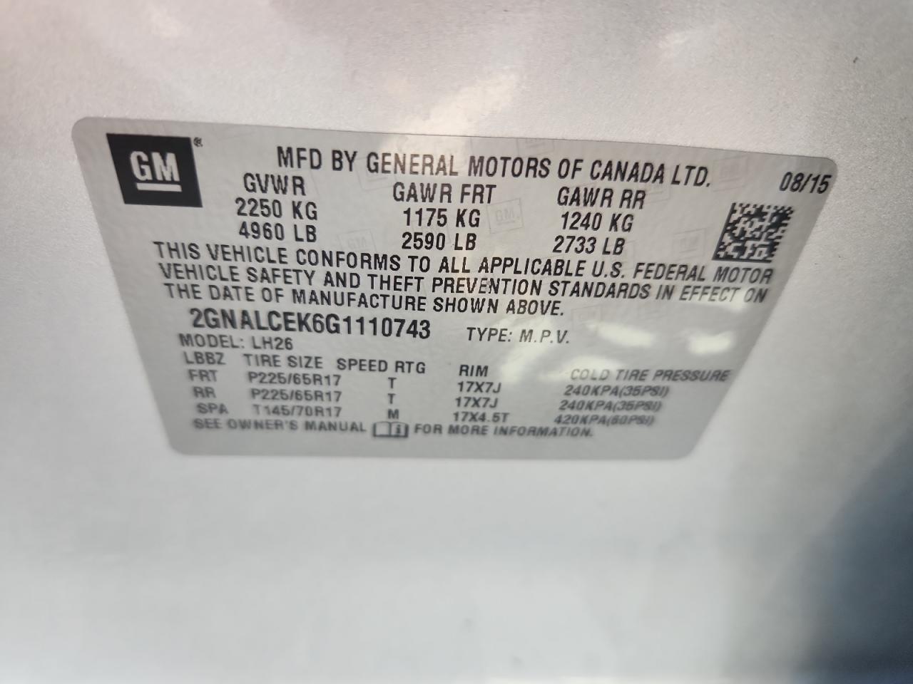 2016 Chevrolet Equinox Lt VIN: 2GNALCEK6G1110743 Lot: 80548265