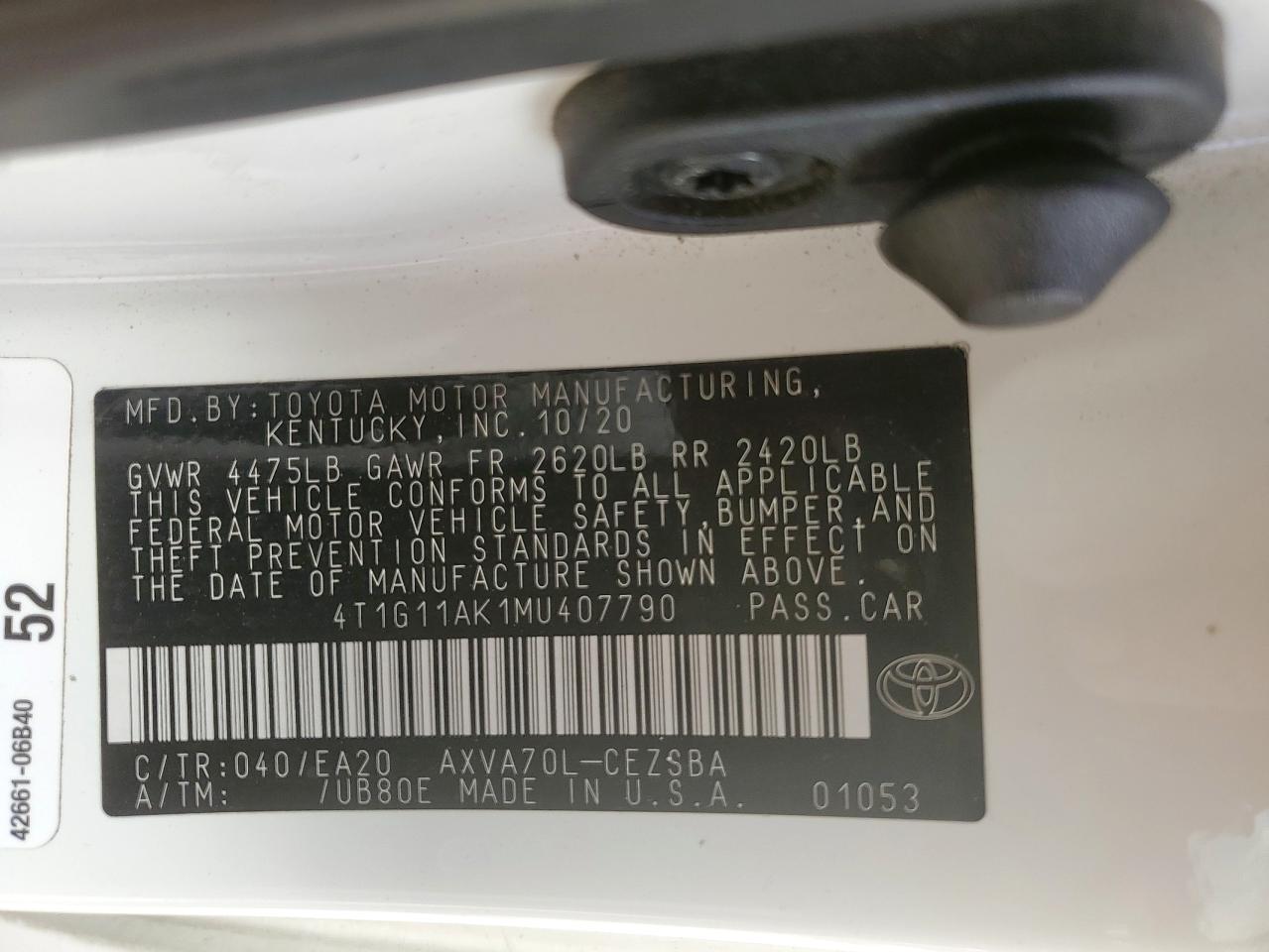 2021 Toyota Camry Se VIN: 4T1G11AK1MU407790 Lot: 82121525