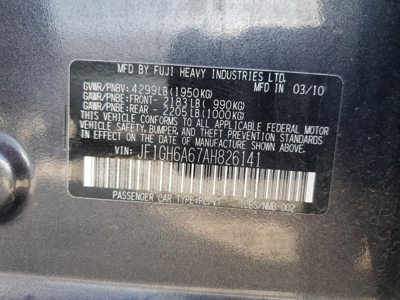 2010 Subaru Impreza 2.5I VIN: JF1GH6A67AH826141 Lot: 81379625