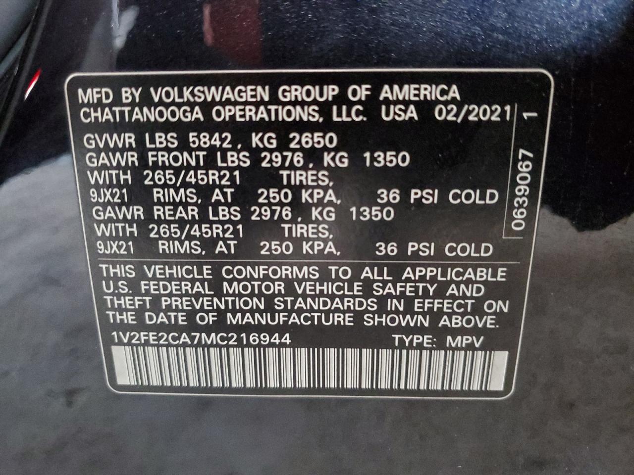 2021 Volkswagen Atlas Cross Sport Sel Premium R-Line VIN: 1V2FE2CA7MC216944 Lot: 81246725